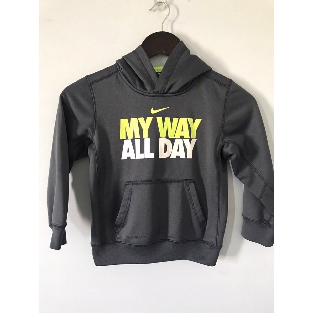 Nike Therma Fit Boys Hoodie Gray With Flourescent Green & White Lettering Size 6